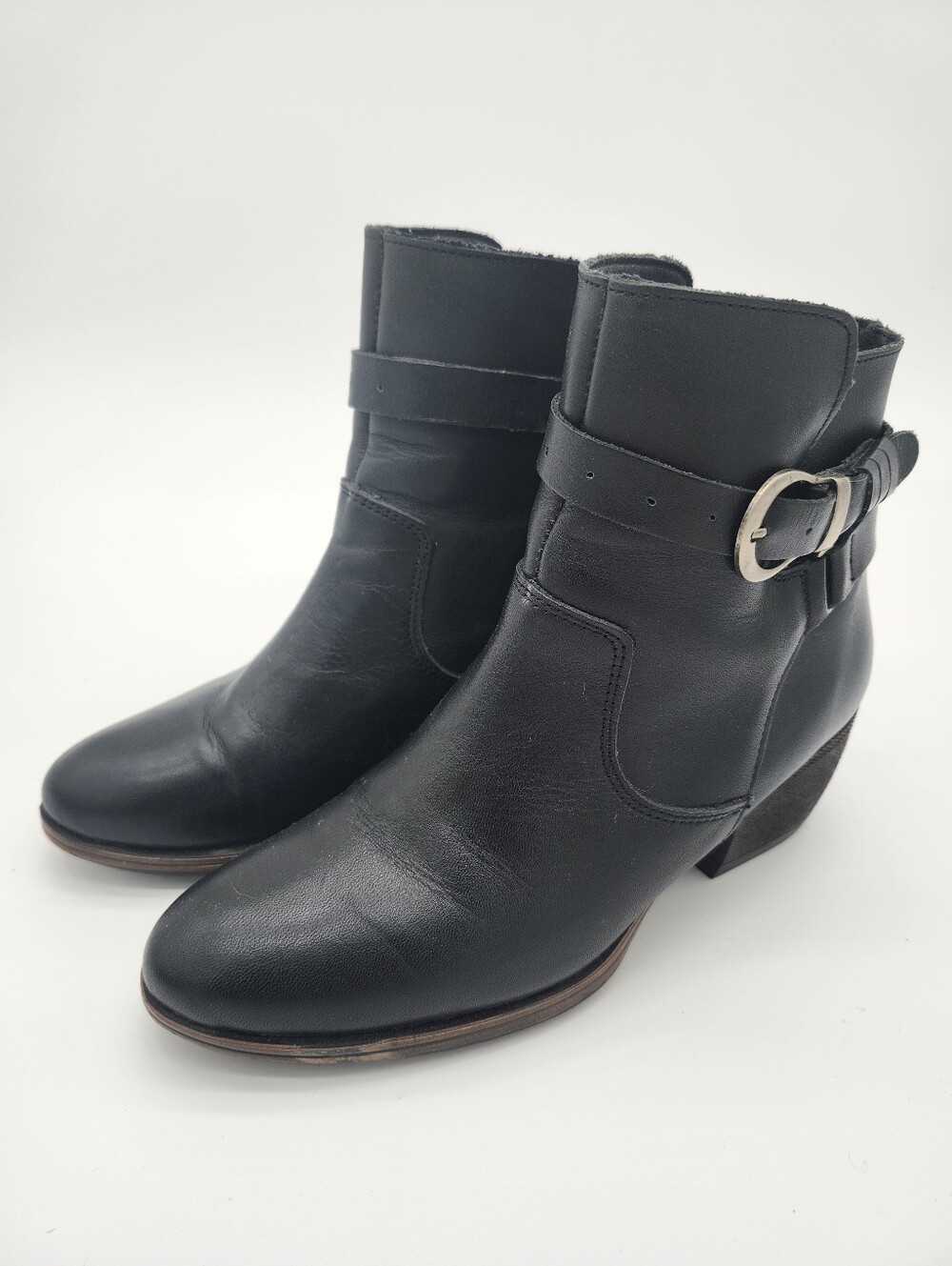 DOT Womens Leather Ankle Boots Size 8 Black Buckle Side Zip Block Heel
